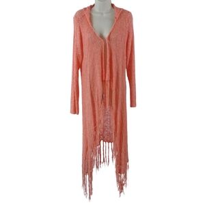 Chic Coral Knit Hooded And Fringed Duster Cover Up